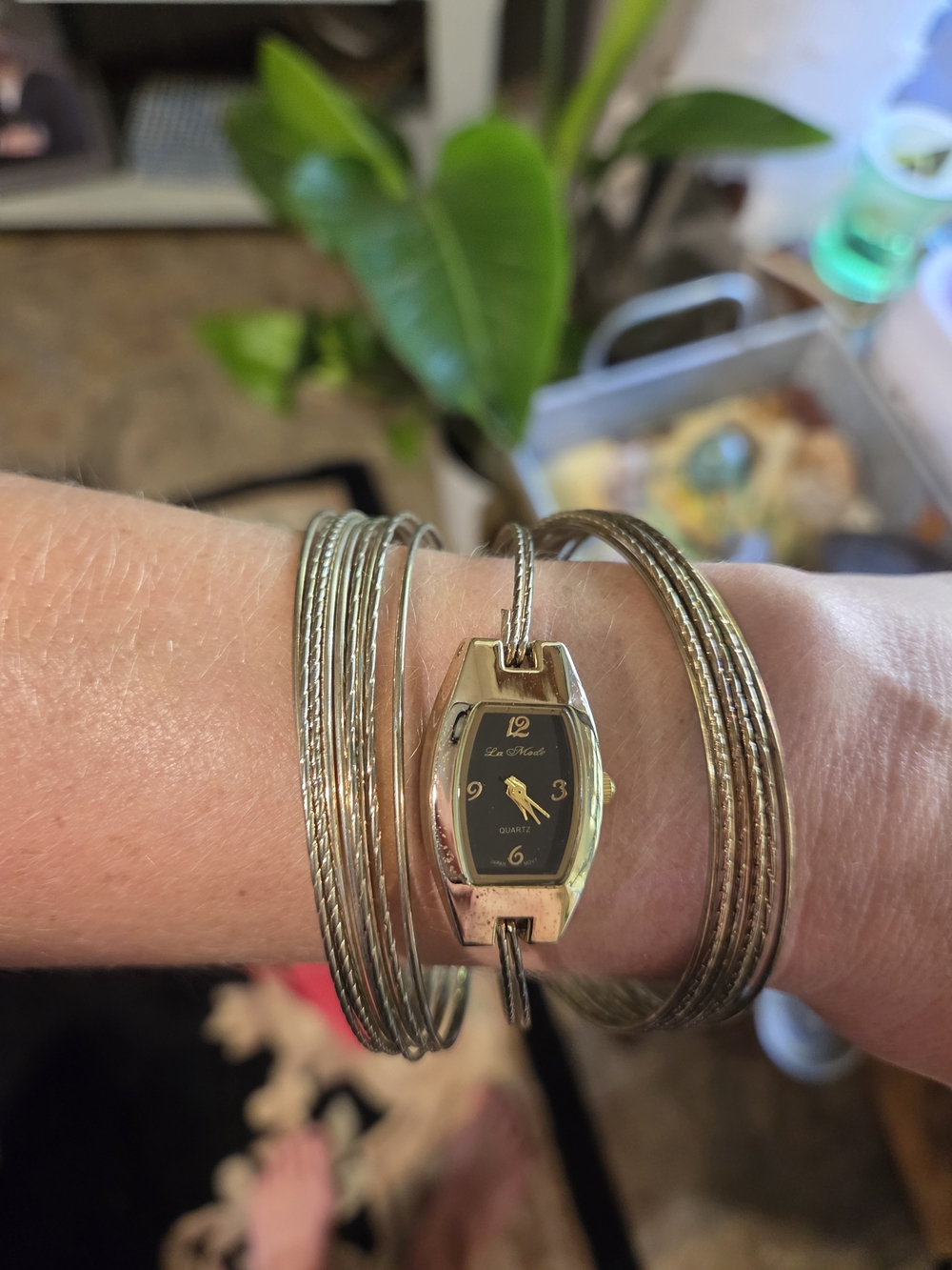 Lee Michele Silver-Tone Bangle Watch with Black Dial